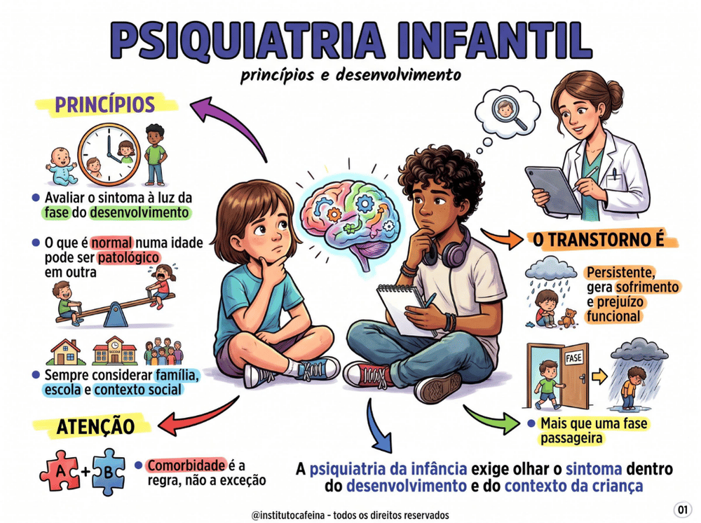 Página ilustrada sobre avaliação psiquiátrica infantil