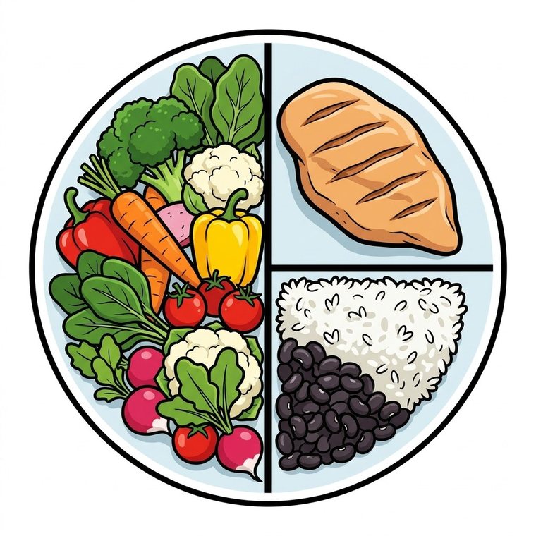 Prato montado pelo método do prato, com vegetais, proteína e carboidrato