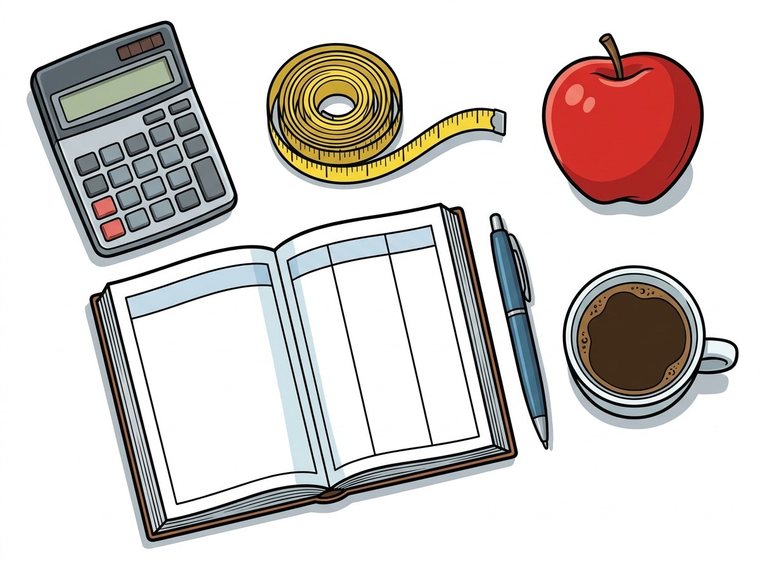 Caderno aberto em tabela, com calculadora, fita métrica e maçã