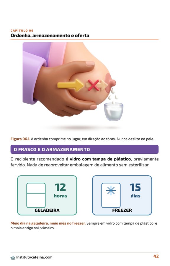 Página do frasco e armazenamento do leite ordenhado