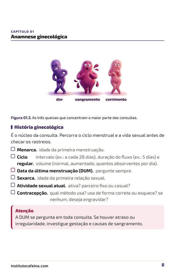 Página das três queixas: dor, sangramento e corrimento
