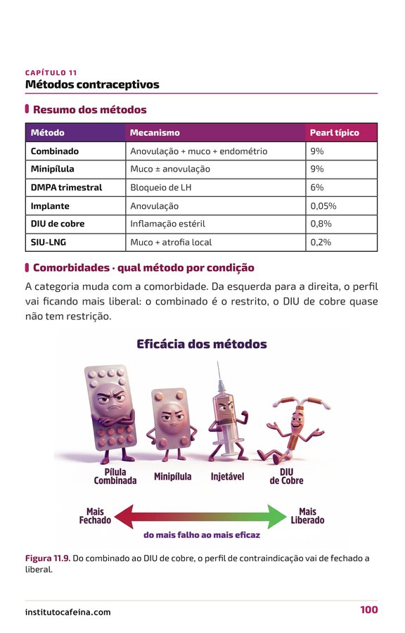 Página com o resumo dos métodos contraceptivos e o índice de Pearl