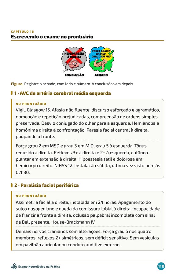 Página com exemplo de prontuário do exame neurológico