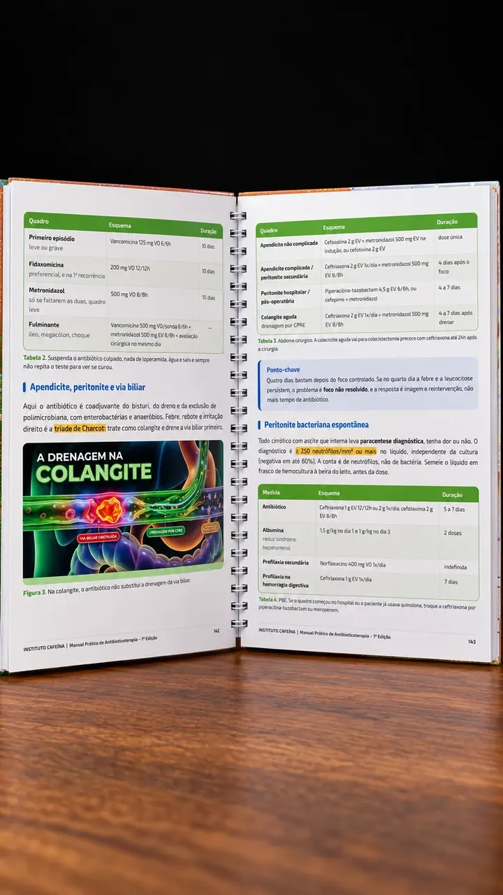 Livro aberto em páginas com tabelas de esquemas, figura e pontos-chave sobre infecções abdominais