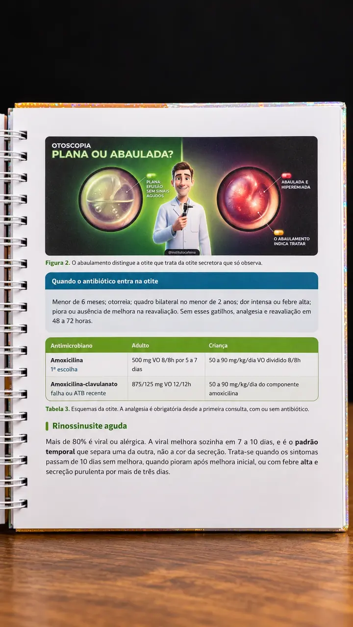 Página aberta com figura sobre otoscopia, tabela de doses e rinossinusite aguda