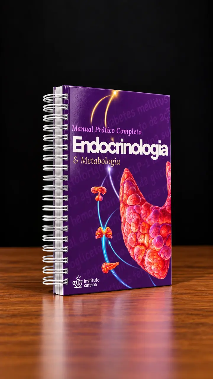 Livro em perspectiva, de lado, com a lombada espiralada e a capa de Endocrinologia