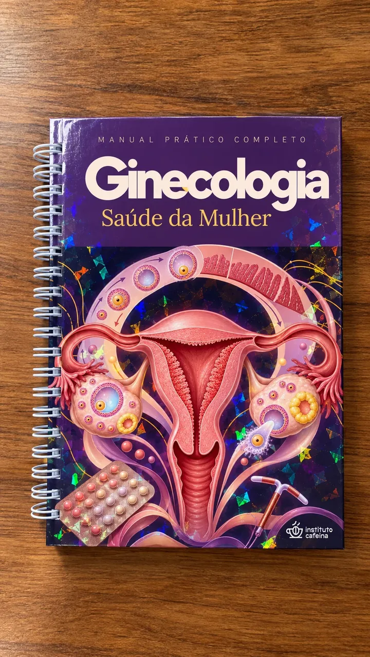 Manual de Ginecologia em ângulo, com capa roxa holográfica e espiral branca