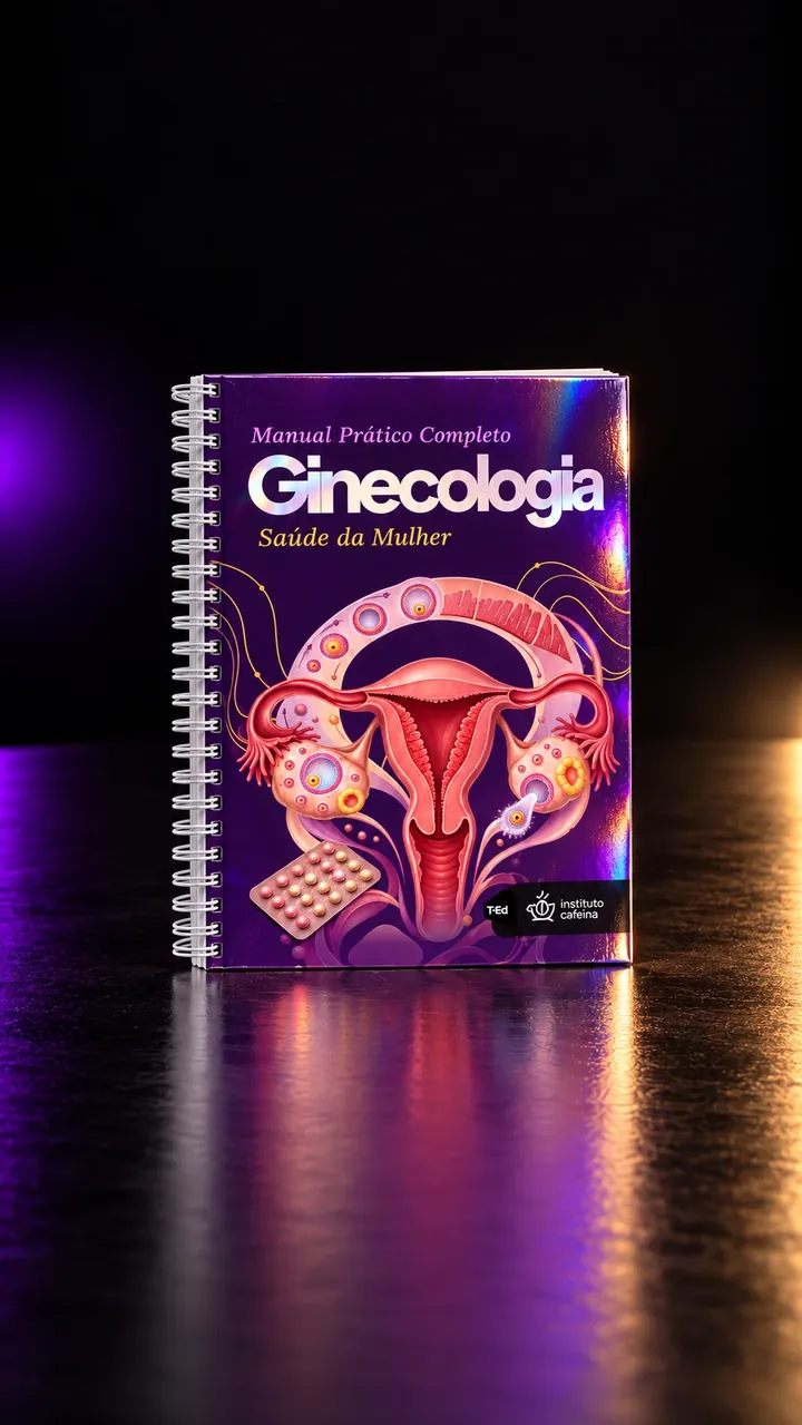 Manual de Ginecologia em pé, de frente, com a capa roxa e o útero ilustrado