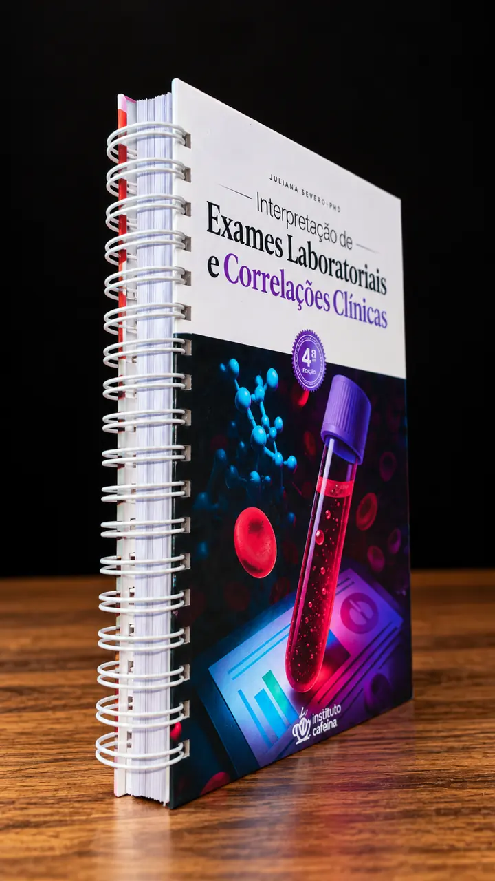 Livro Manual de Interpretação de Exames, de lado, com capa e lombada espiralada