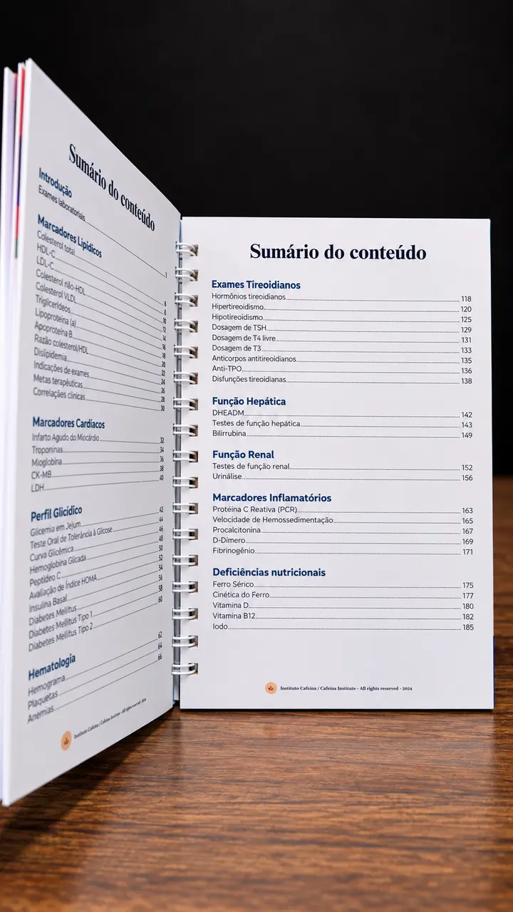 Livro aberto no sumário do conteúdo, com exames tireoidianos, função hepática, renal e marcadores inflamatórios