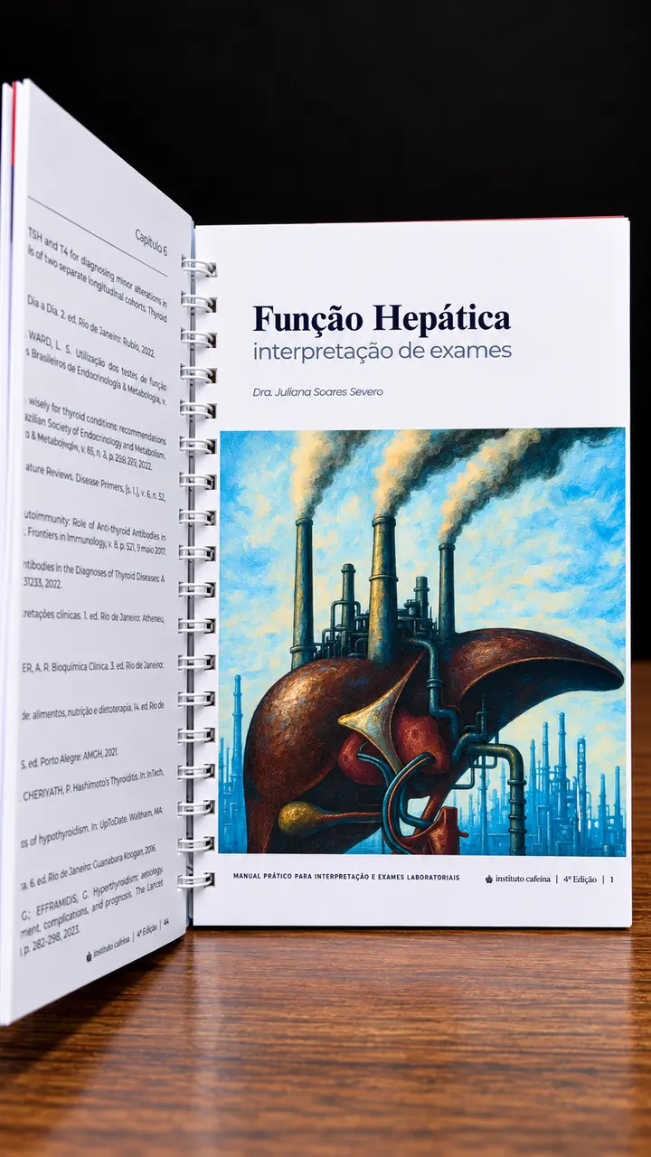 Livro aberto no capítulo de Função Hepática, com ilustração