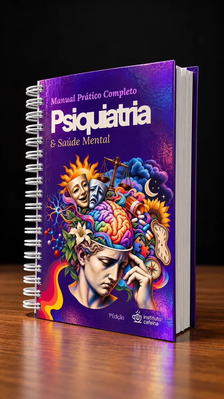 Manual Prático de Psiquiatria em perspectiva, mostrando a capa e a espiral branca