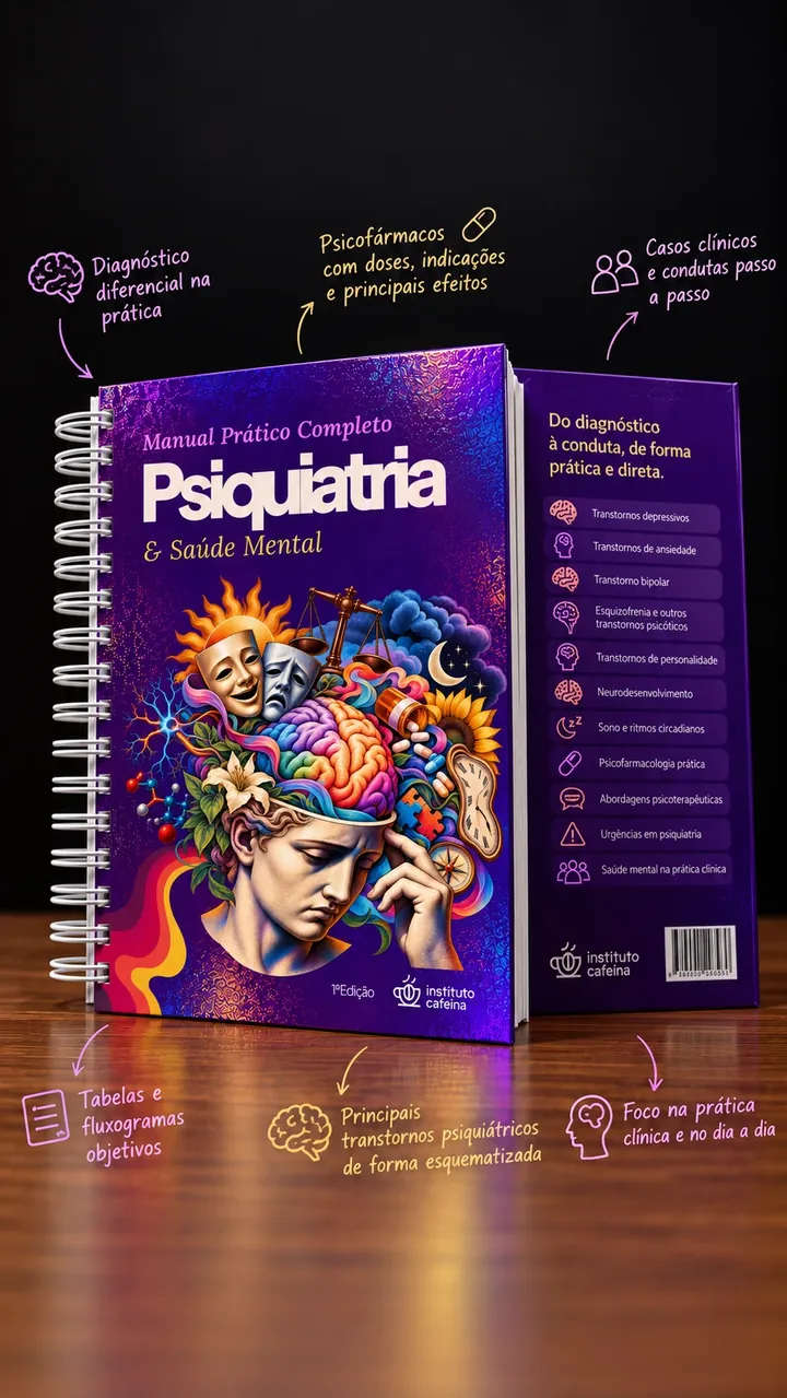 Capa e contracapa do Manual Prático de Psiquiatria, com a lista dos transtornos abordados